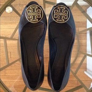 Black leather Tory Burch peep toe mini wedges